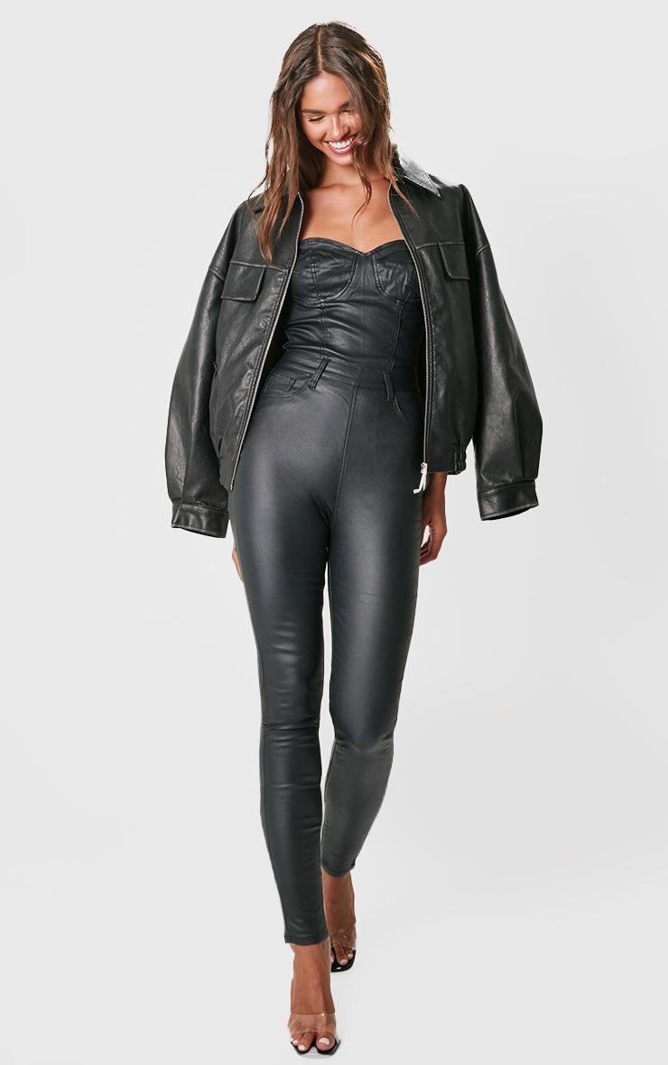 Pretty Little Thing Black Bandeau Coated Denim Jumpsuit