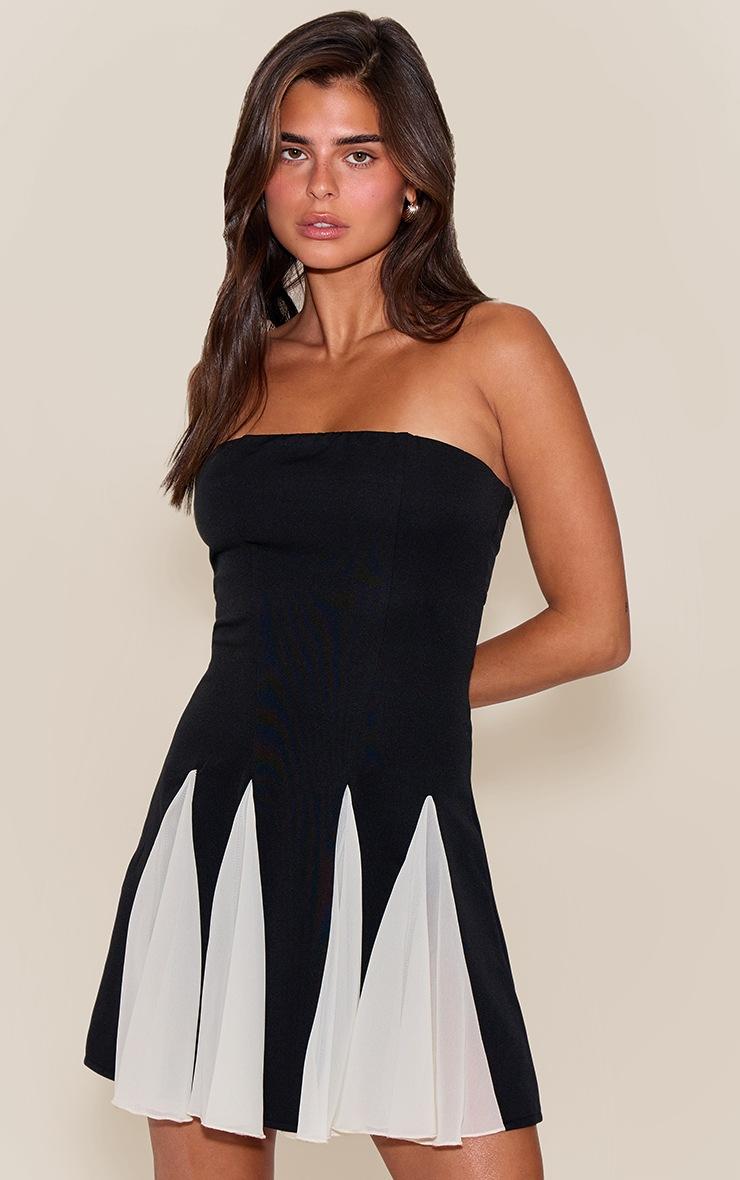 Pretty Little Thing Black Bandeau Contrast Chiffon Pleated Mini Dress
