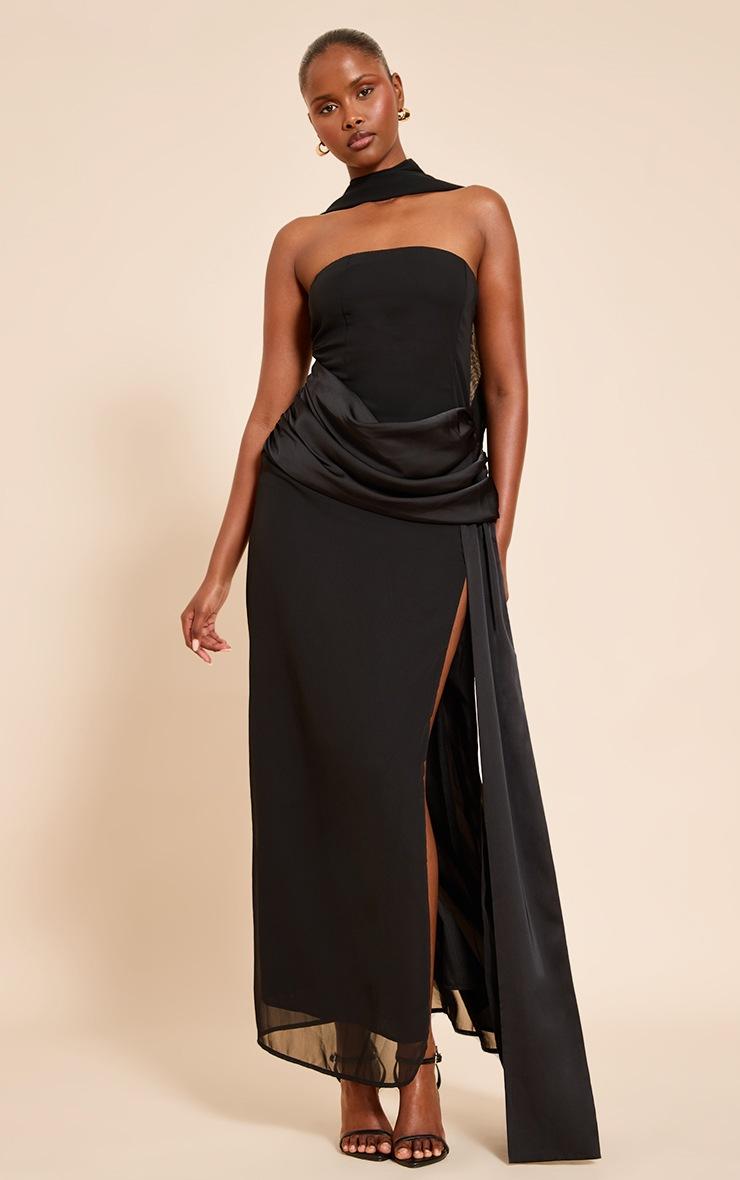 Pretty Little Thing Black Bandeau Drape Detail Maxi Dress