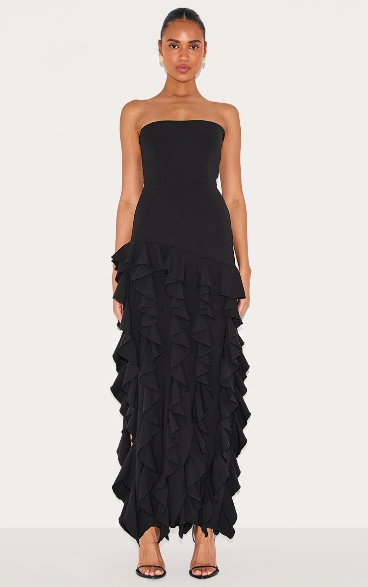 Pretty Little Thing Black Bandeau Frill Detail Maxi Dress