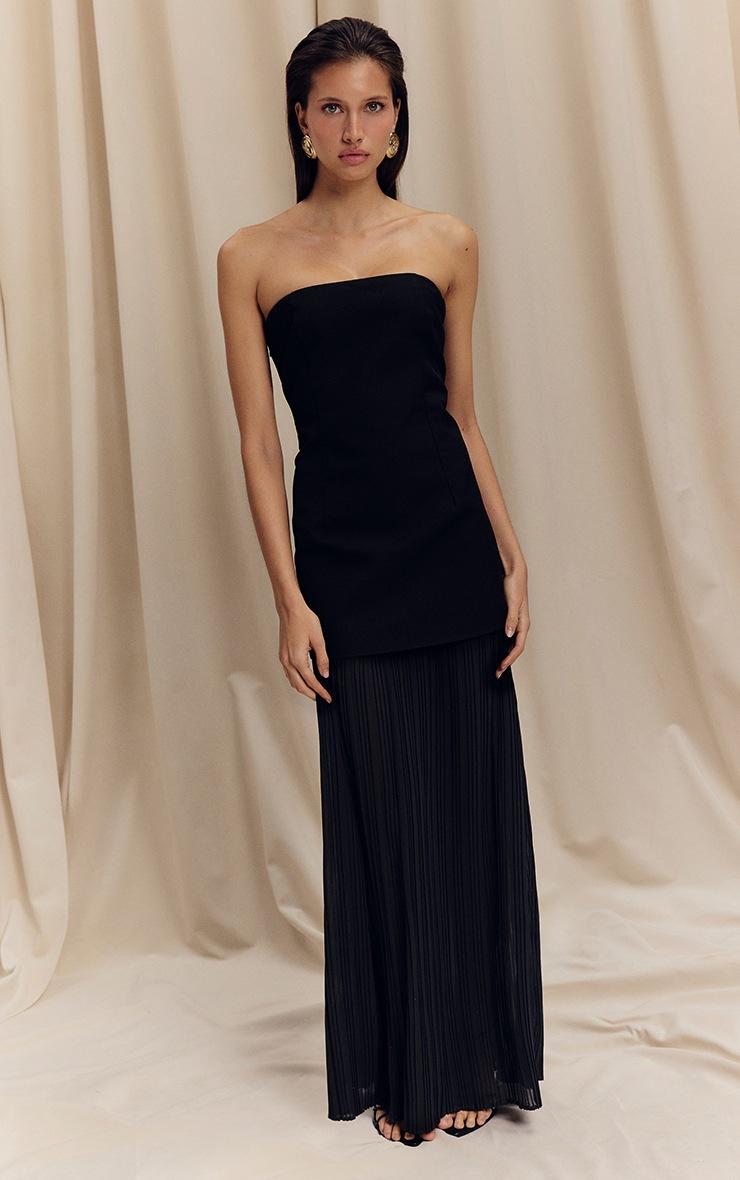 Pretty Little Thing Black Bandeau Pleated Chiffon Skirt Panel Maxi Dress