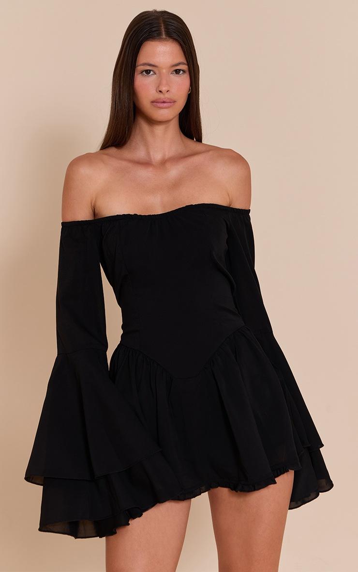 Pretty Little Thing Black Bardot Flare Sleeve Romper