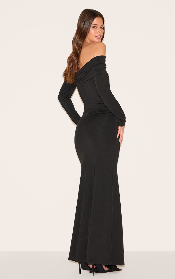 Pretty Little Thing Black Bardot Long Sleeve Trim Drape Detail Maxi Dress