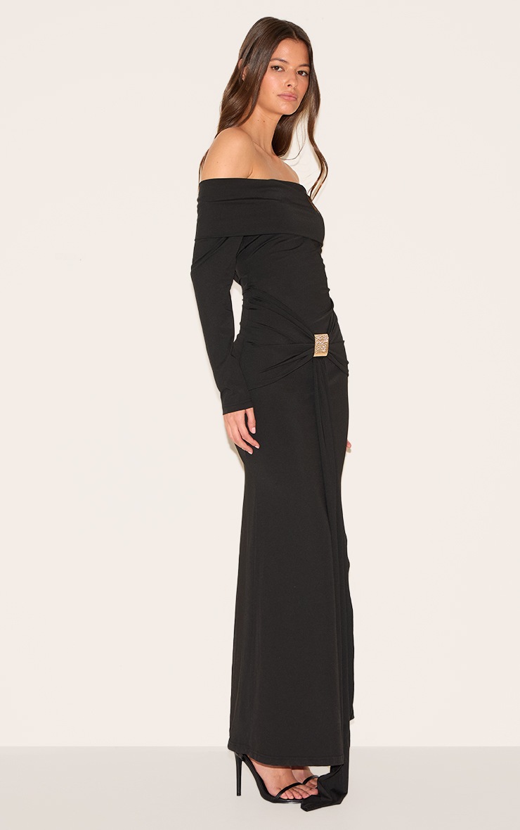 Pretty Little Thing Black Bardot Long Sleeve Trim Drape Detail Maxi Dress