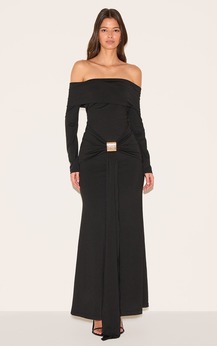 Pretty Little Thing Black Bardot Long Sleeve Trim Drape Detail Maxi Dress