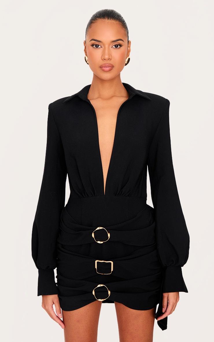 Pretty Little Thing Black Belt Wrap Detail Mini Dress