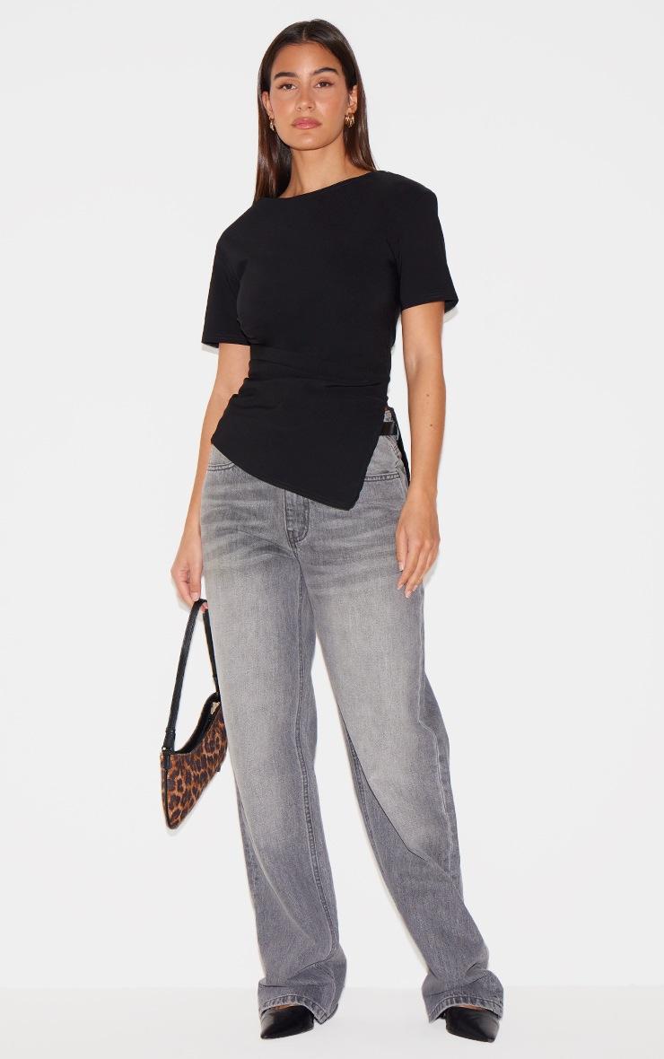 Pretty Little Thing Black Bengaline Ruched Asymmetric Detail Long Top