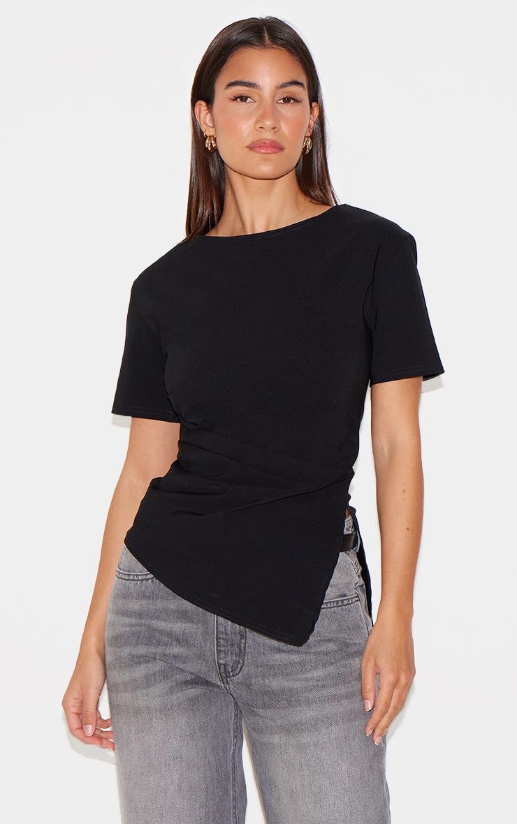 Pretty Little Thing Black Bengaline Ruched Asymmetric Detail Long Top