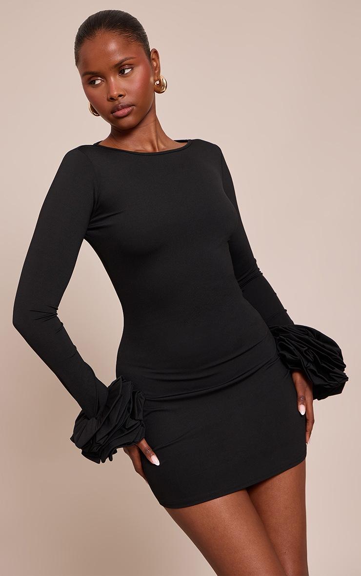 Pretty Little Thing Black Boat Neck Puff Sleeve Bodycon Dress
