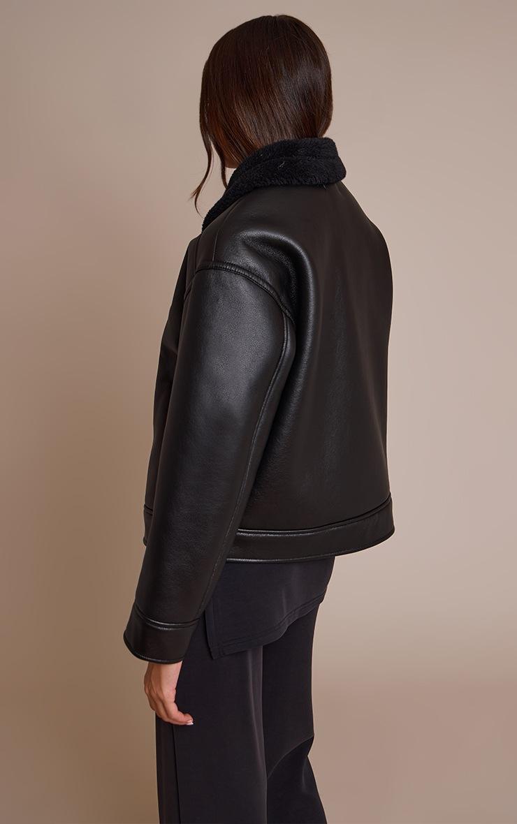 Pretty Little Thing Black Borg Collar Faux Leather Aviator