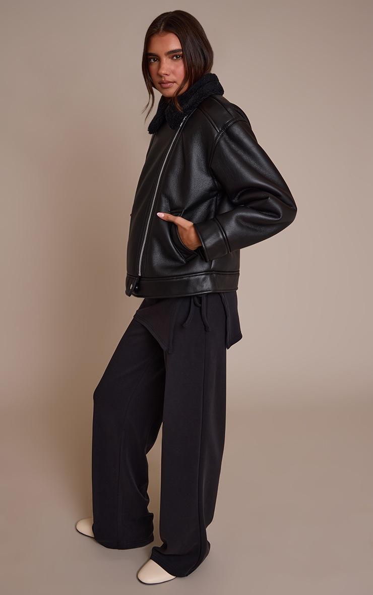 Pretty Little Thing Black Borg Collar Faux Leather Aviator