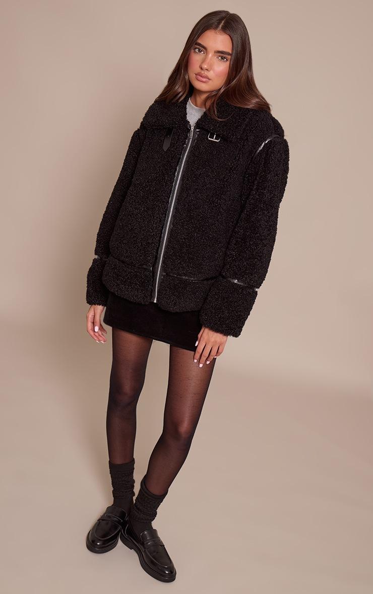 Pretty Little Thing Black Borg Panel Detail Aviator Jacket