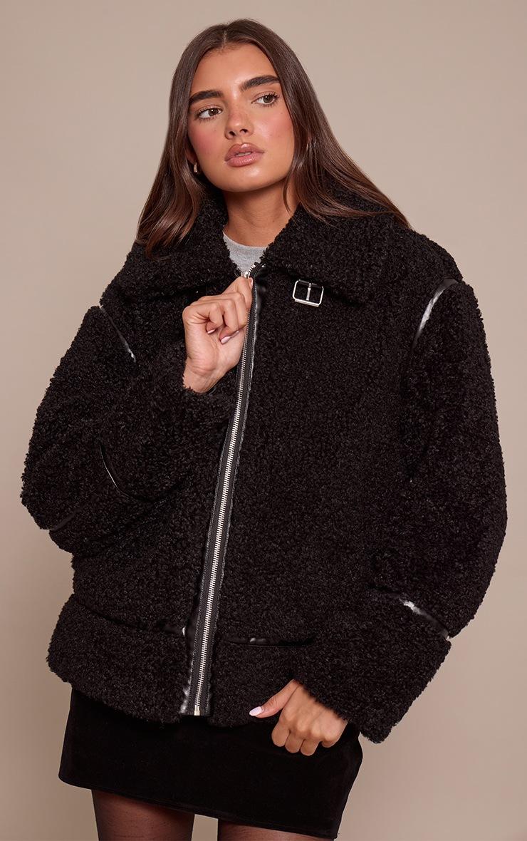 Pretty Little Thing Black Borg Panel Detail Aviator Jacket
