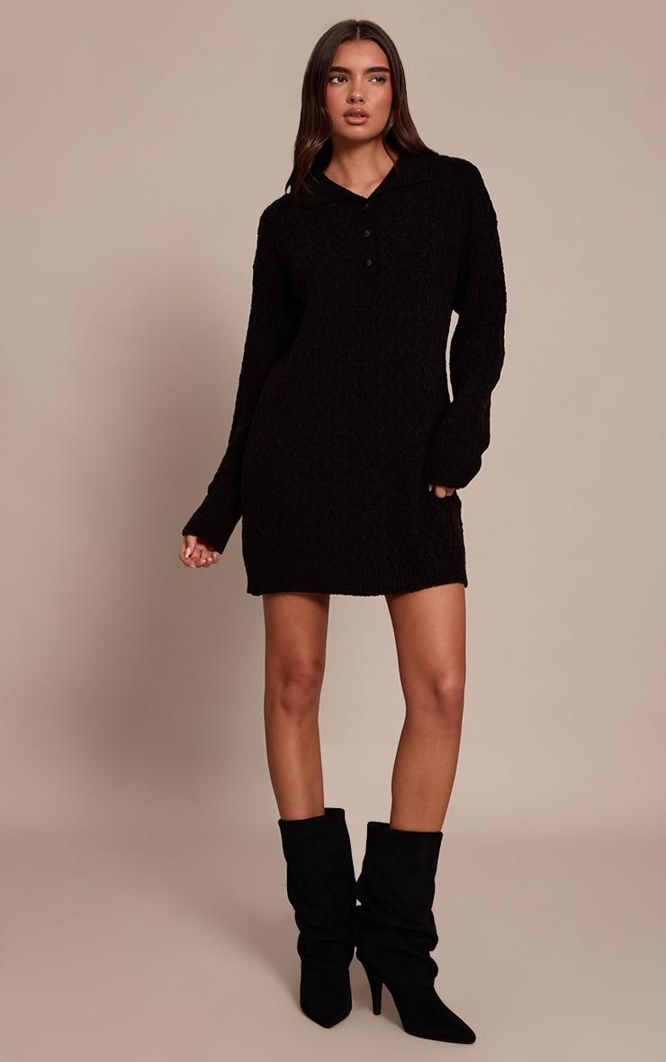 Pretty Little Thing Black Boucle Cable Knit Mini Shirt Dress