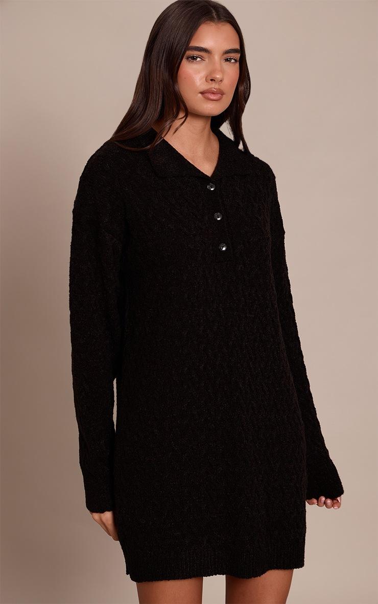 Pretty Little Thing Black Boucle Cable Knit Mini Shirt Dress