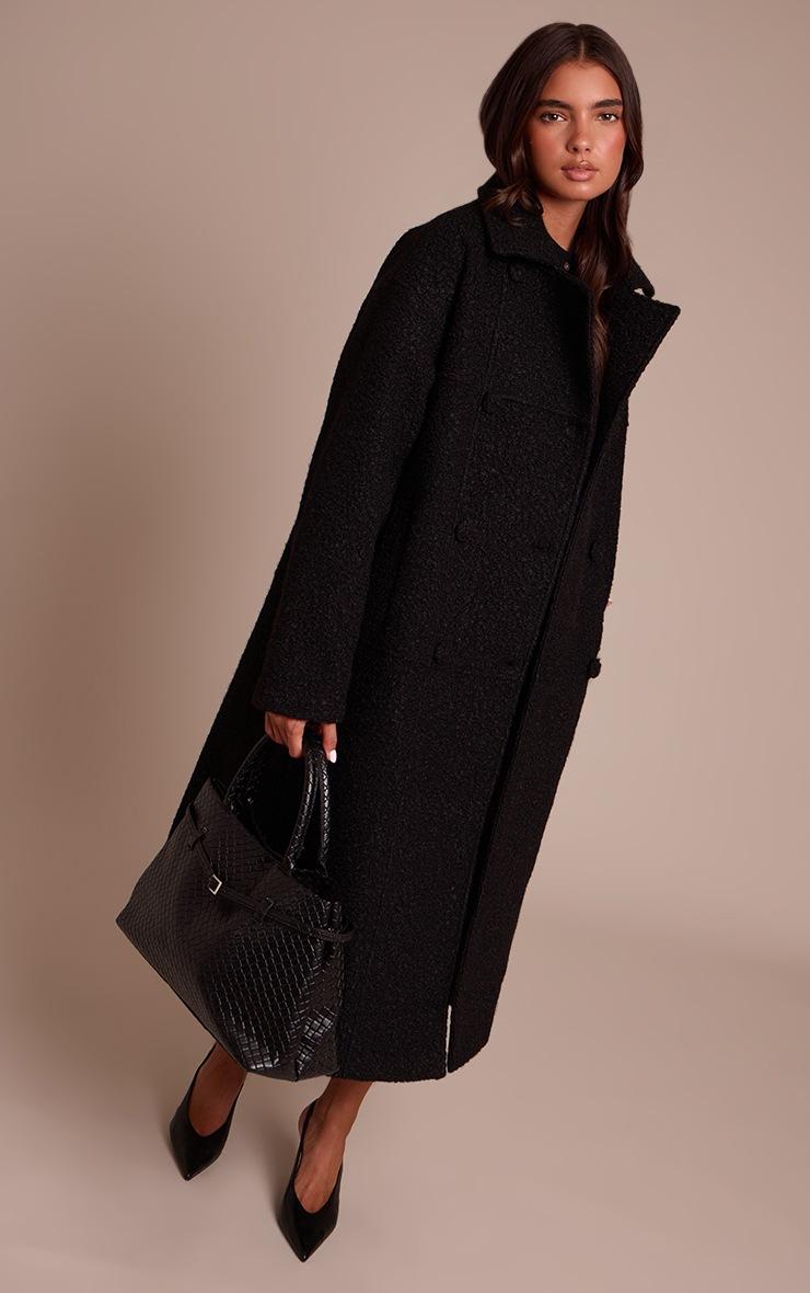 Pretty Little Thing Black Boucle Double Breasted Maxi Coat