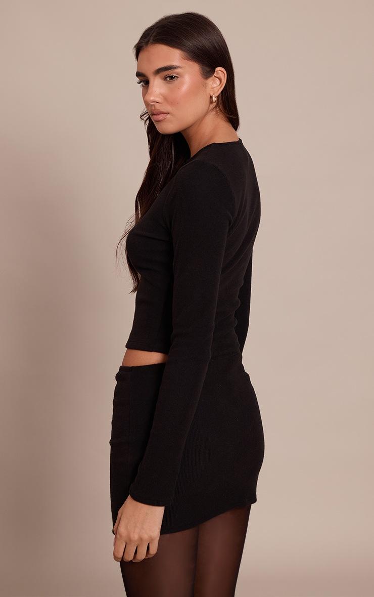 Pretty Little Thing Black Brushed Rib Button Through Long Sleeve Top