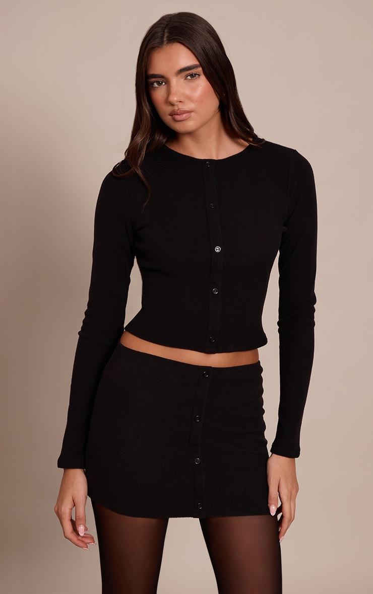 Pretty Little Thing Black Brushed Rib Button Through Long Sleeve Top