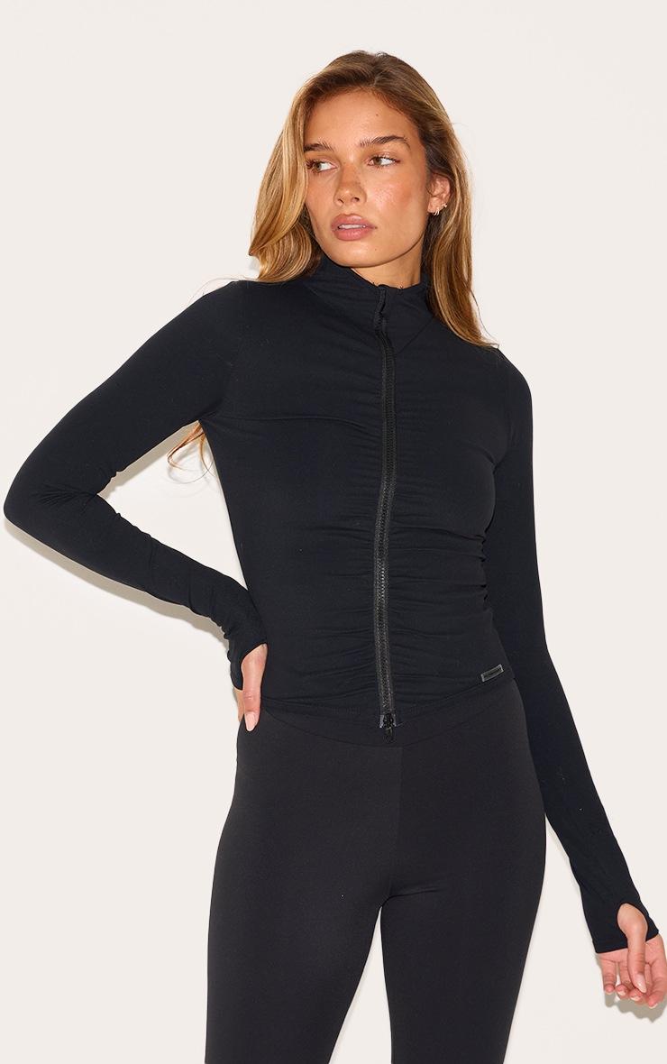 Pretty Little Thing Black Brushed Sculpt Ruched Front Zip Up Sport Jacket