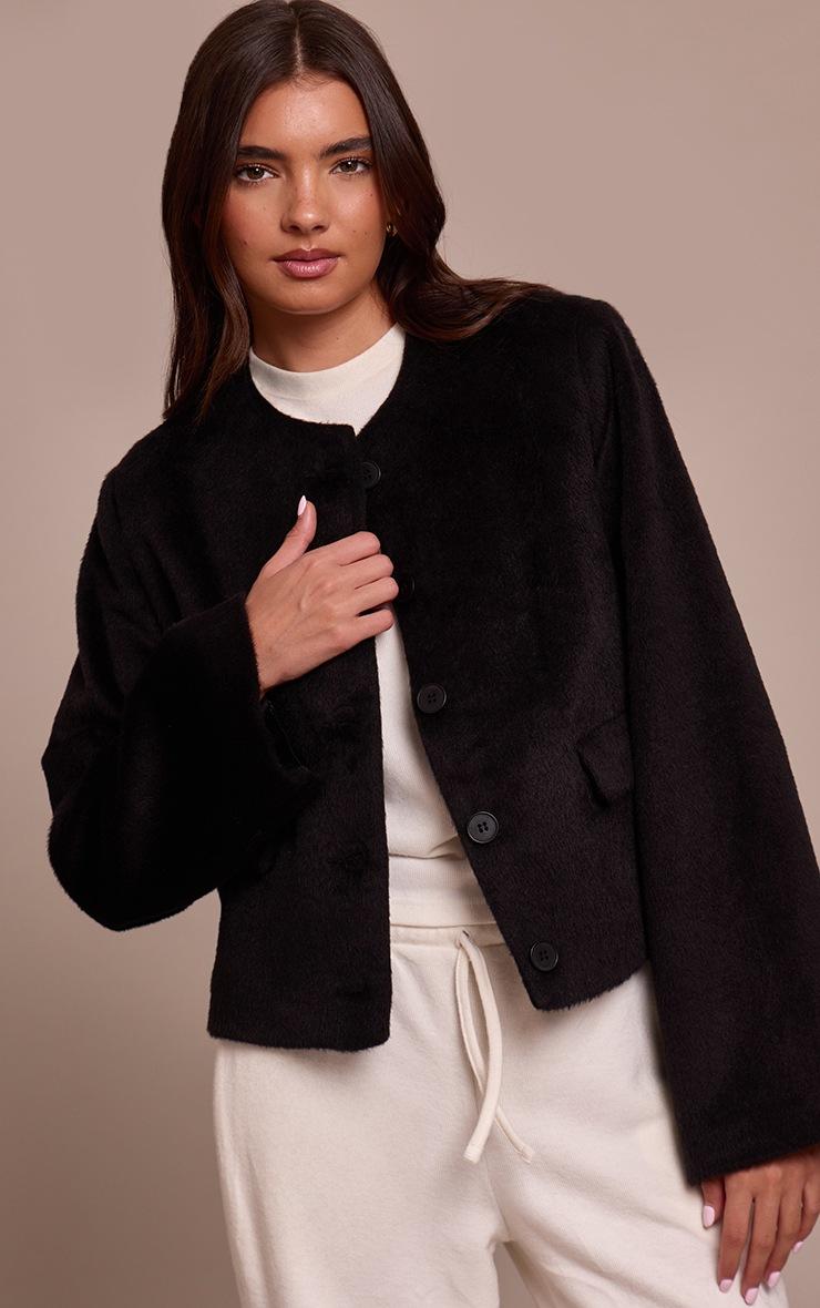 Pretty Little Thing Black Brushed Wool Single Breasted Jacket