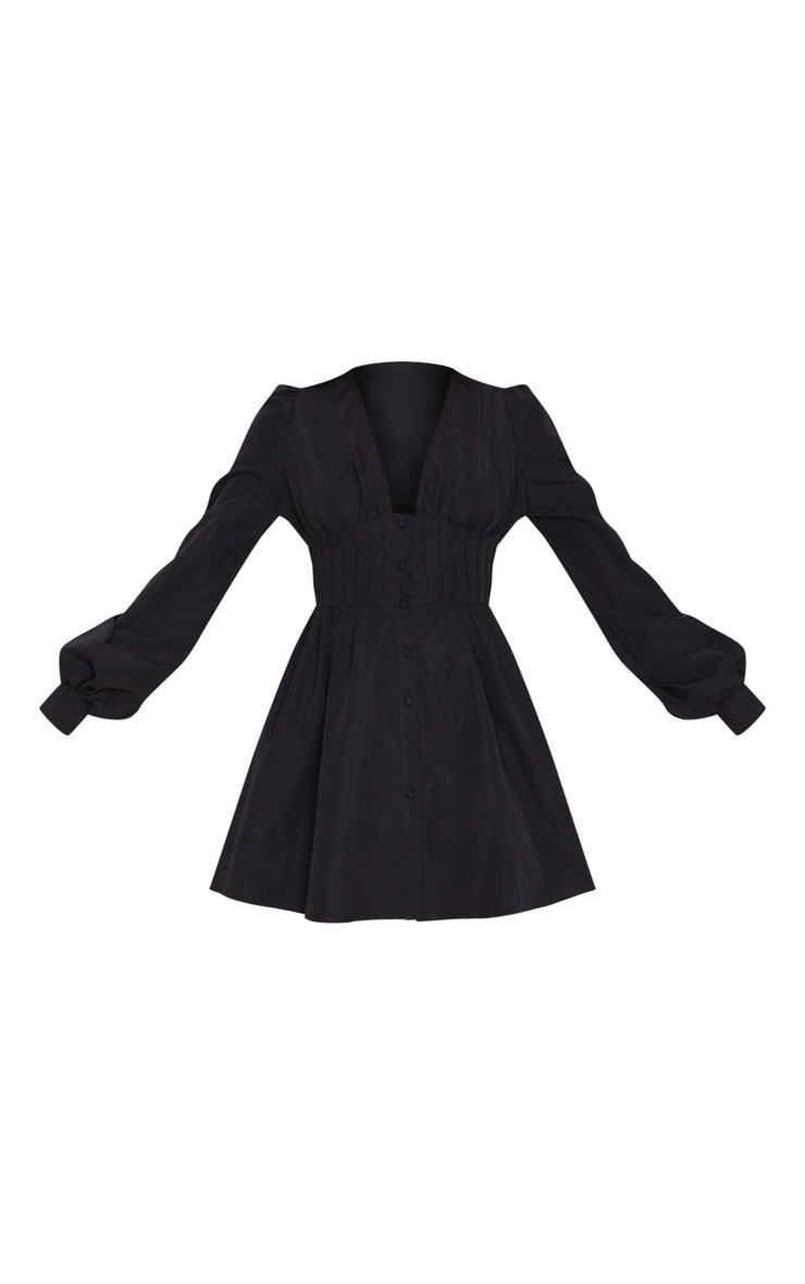 Pretty Little Thing Black Button Front Fitted Puff Sleeve Skater Dress
