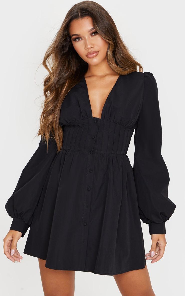 Pretty Little Thing Black Button Front Fitted Puff Sleeve Skater Dress