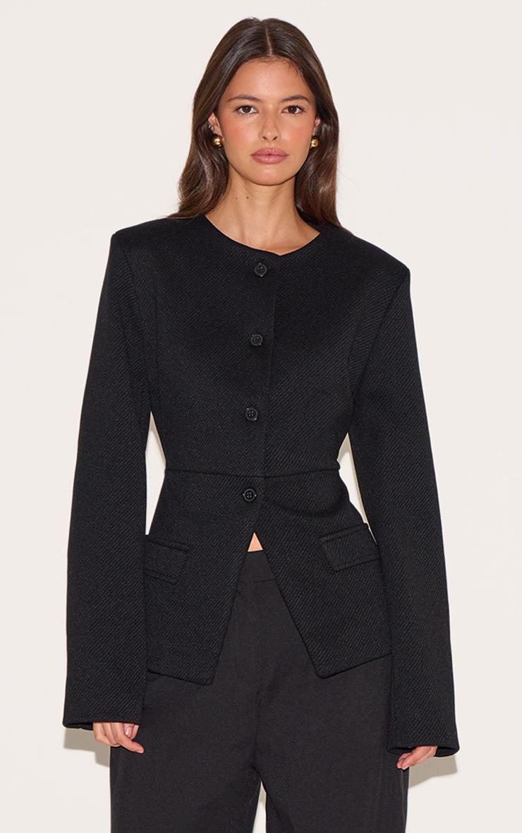 Pretty Little Thing Black Button Up Longline Collarless Blazer
