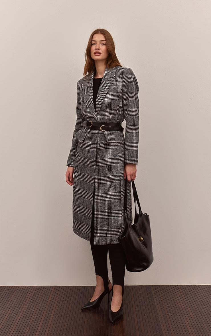 Pretty Little Thing Black Checked Single Breasted Seam Detail Wool Look Maxi Coat