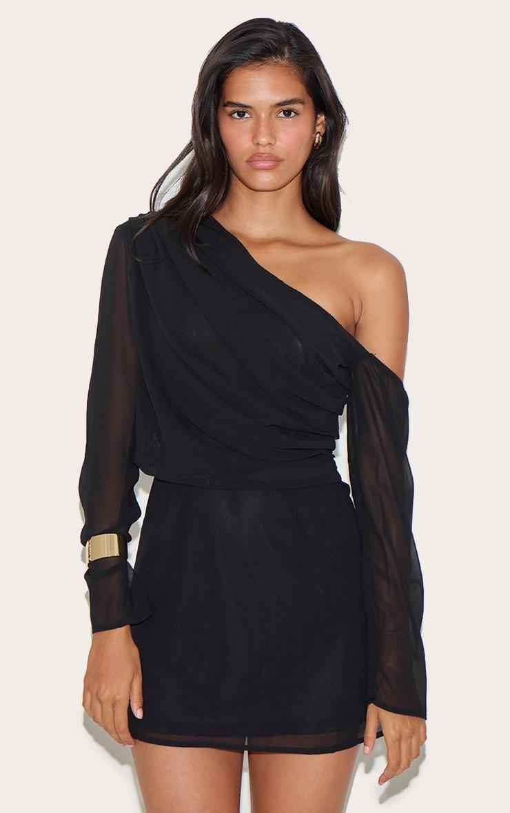 Pretty Little Thing Black Chiffon Asymmetric Ruched Shift Dress