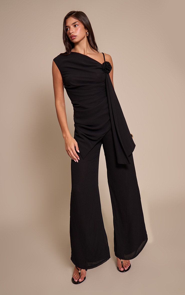 Pretty Little Thing Black Chiffon Corsage Detail Wide Leg Jumpsuit