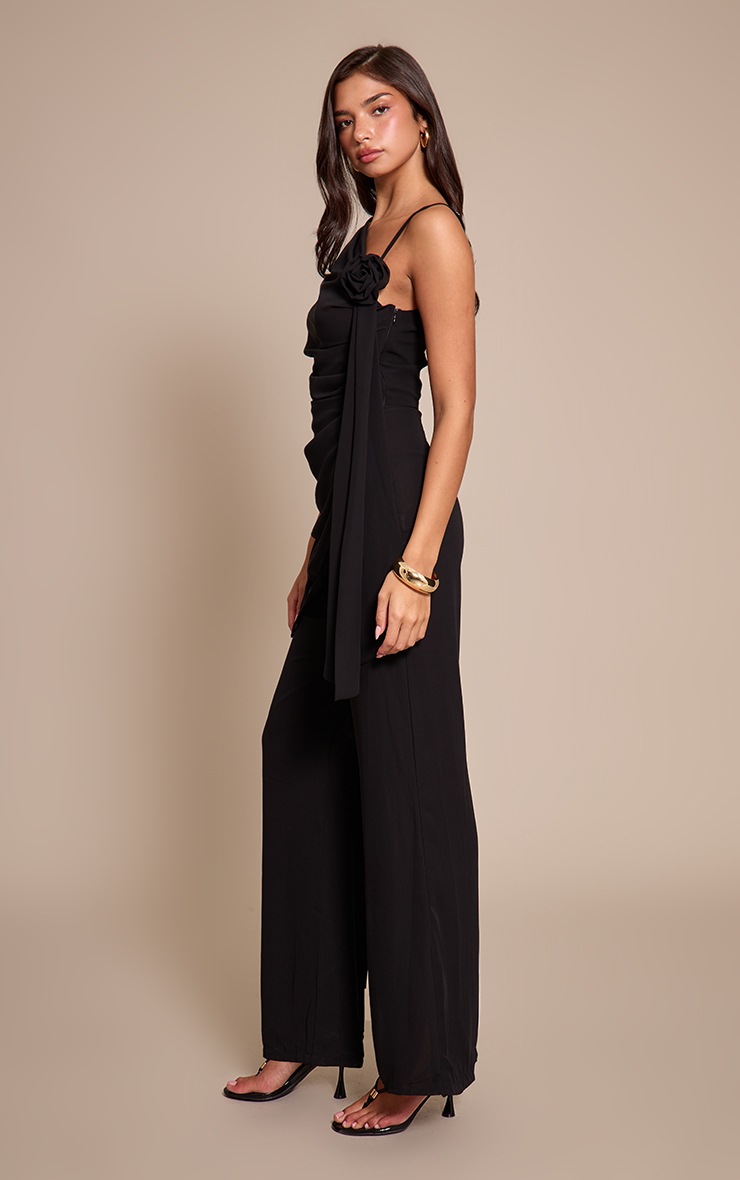 Pretty Little Thing Black Chiffon Corsage Detail Wide Leg Jumpsuit