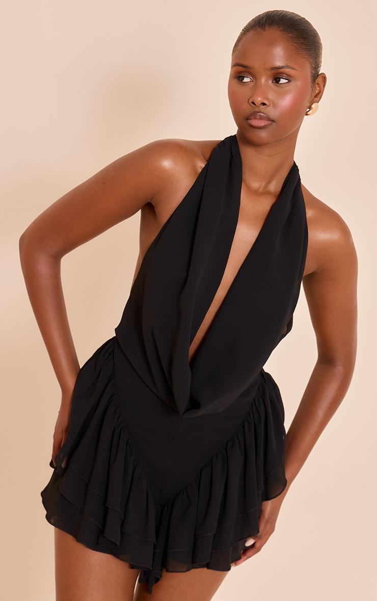 Pretty Little Thing Black Chiffon Cowl Neck Frill Romper