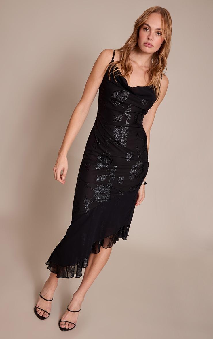Pretty Little Thing Black Chiffon Floral Detail Midaxi Dress
