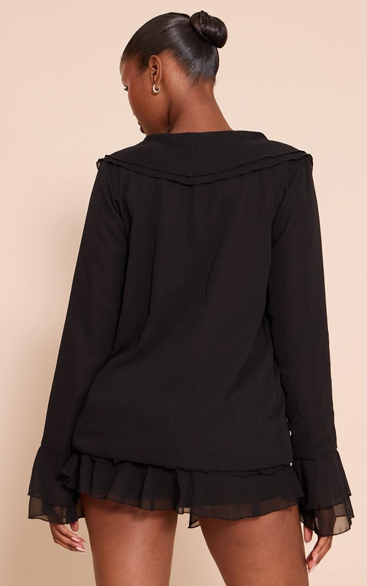 Pretty Little Thing Black Chiffon Frill Plunge Long Sleeve Top