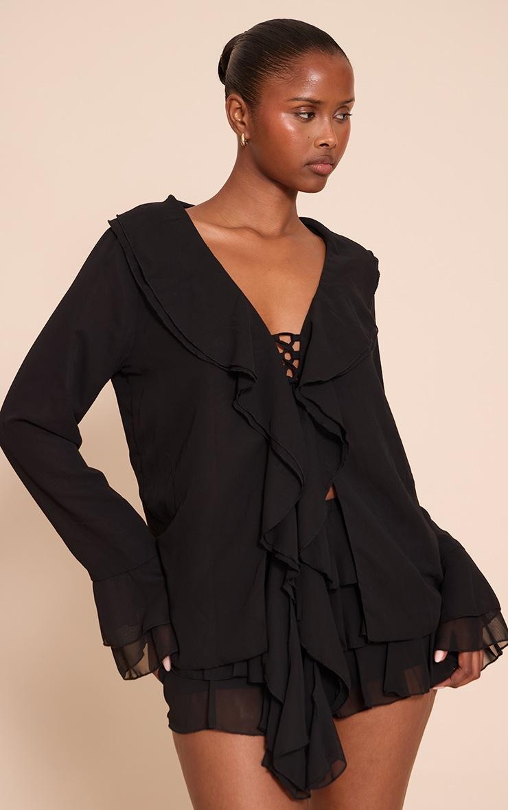 Pretty Little Thing Black Chiffon Frill Plunge Long Sleeve Top