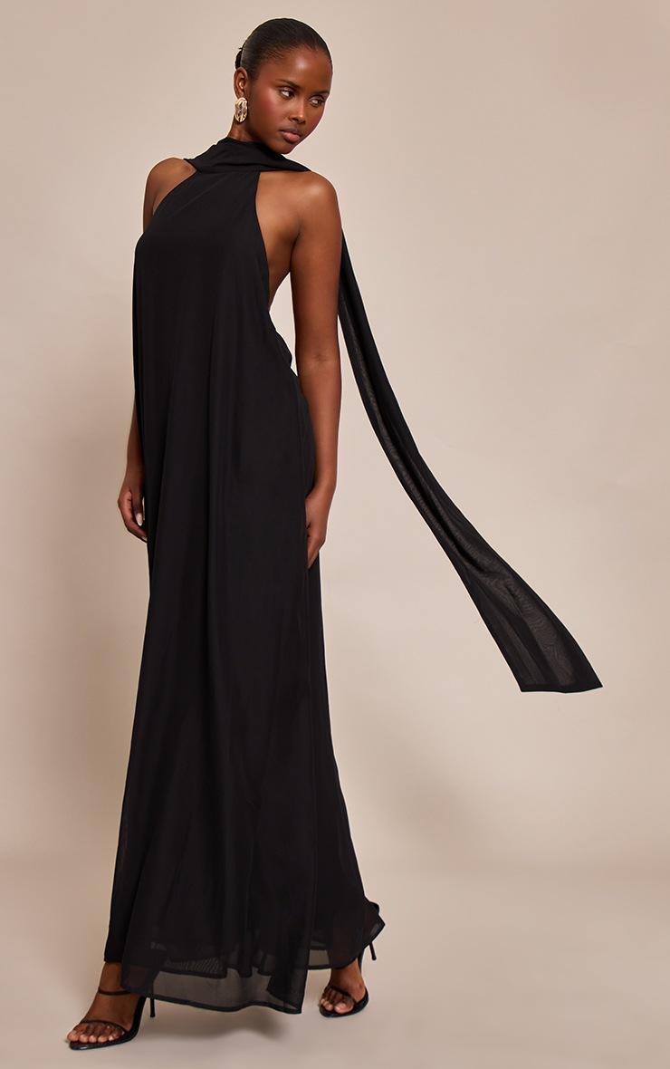 Pretty Little Thing Black Chiffon High Neck Scarf Detail Maxi Dress