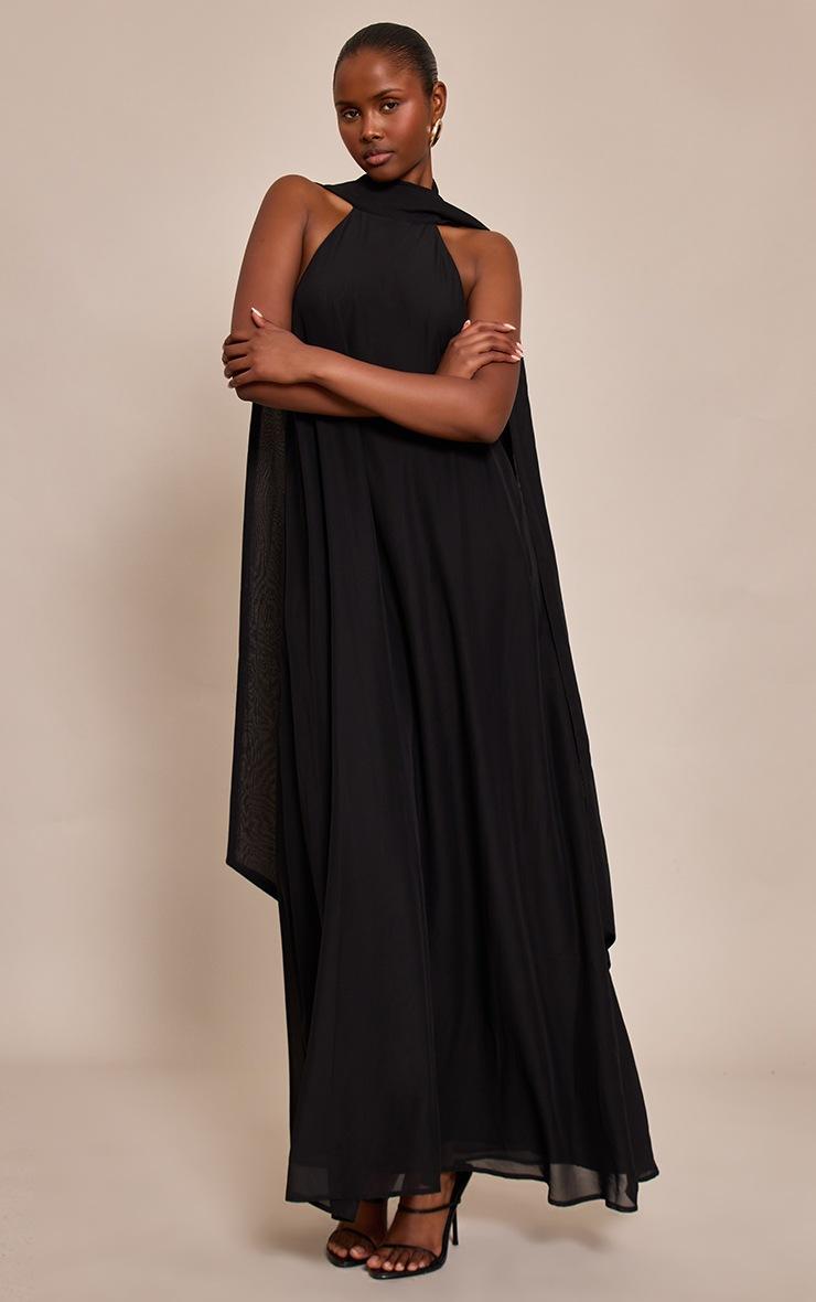 Pretty Little Thing Black Chiffon High Neck Scarf Detail Maxi Dress