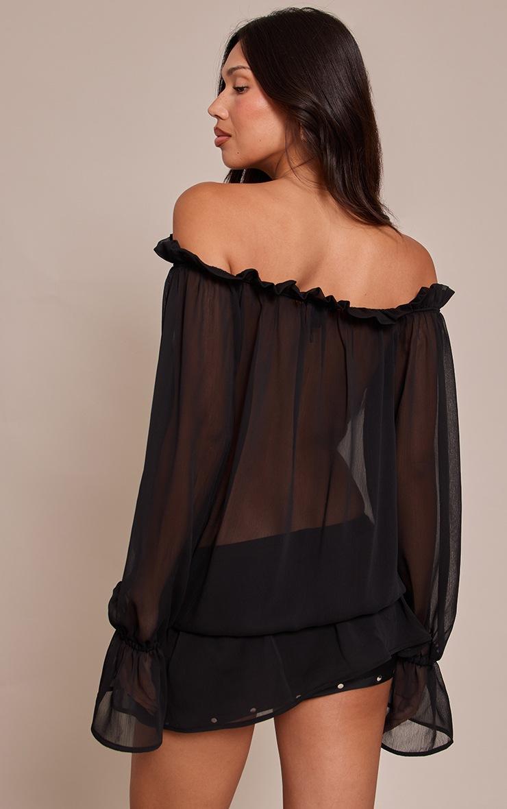 Pretty Little Thing Black Chiffon Lace Up Detail Bardot Long Sleeve Top