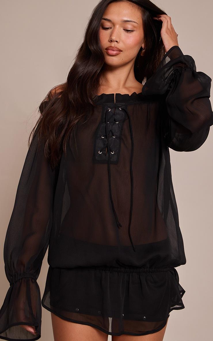Pretty Little Thing Black Chiffon Lace Up Detail Bardot Long Sleeve Top