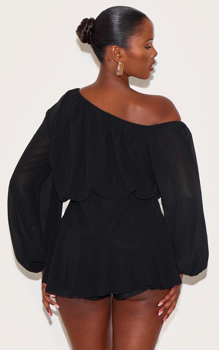 Pretty Little Thing Black Chiffon One Shoulder Floaty Skort Romper