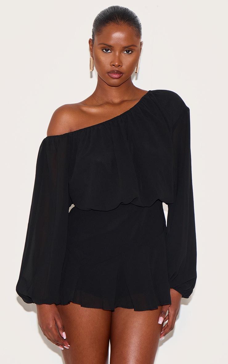 Pretty Little Thing Black Chiffon One Shoulder Floaty Skort Romper