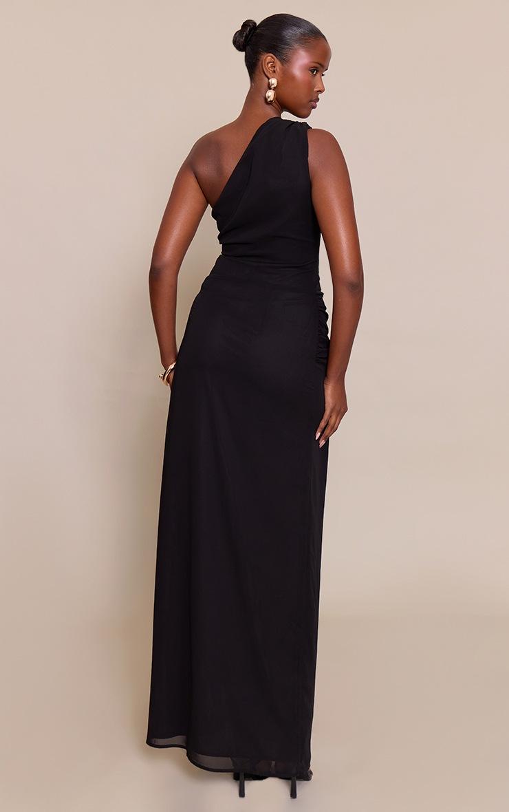 Pretty Little Thing Black Chiffon One Shoulder Ruched Detail Maxi Dress