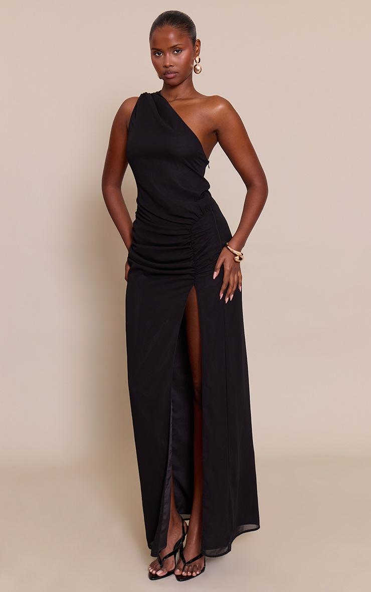 Pretty Little Thing Black Chiffon One Shoulder Ruched Detail Maxi Dress