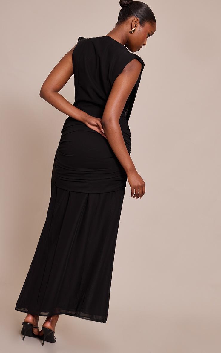 Pretty Little Thing Black Chiffon Plunge Neck Draped Maxi Dress