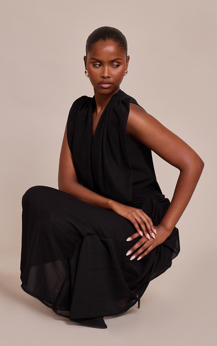 Pretty Little Thing Black Chiffon Plunge Neck Draped Maxi Dress