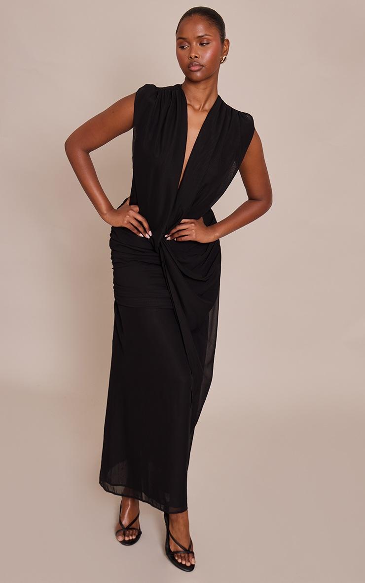 Pretty Little Thing Black Chiffon Plunge Neck Draped Maxi Dress