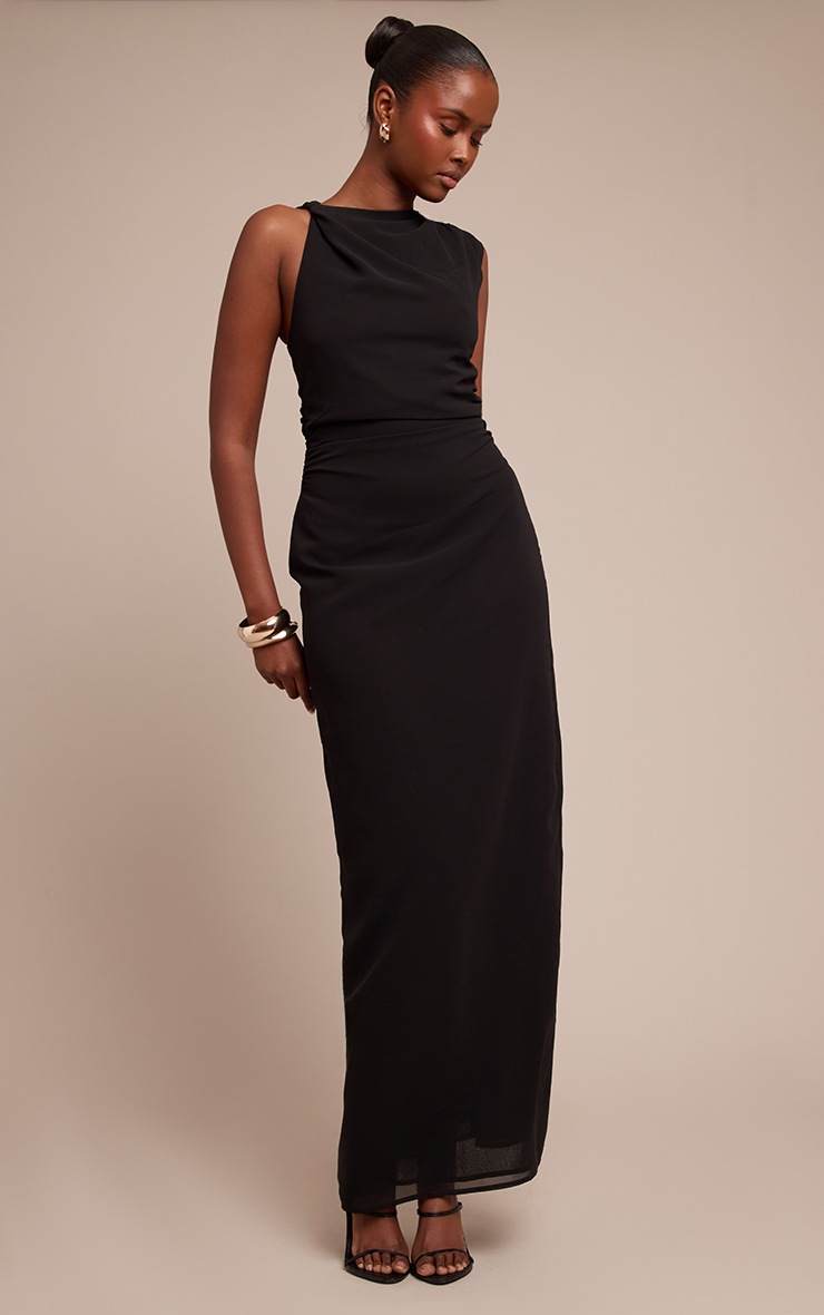 Pretty Little Thing Black Chiffon Ruched Maxi Dress