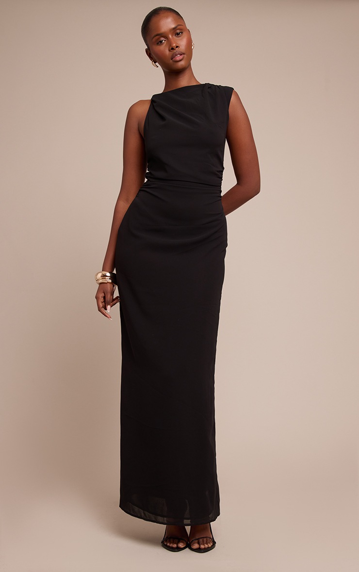 Pretty Little Thing Black Chiffon Ruched Maxi Dress