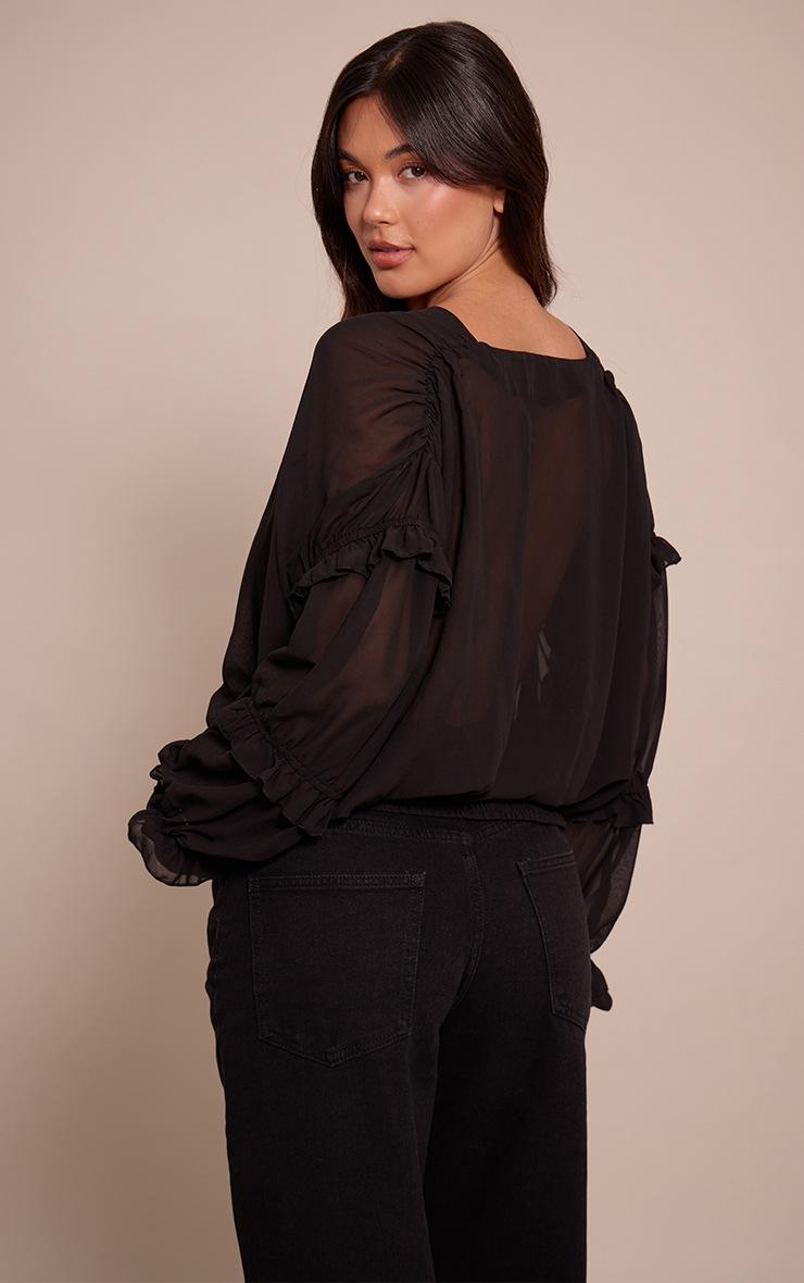 Pretty Little Thing Black Chiffon Ruffle Detail Plunge Blouse