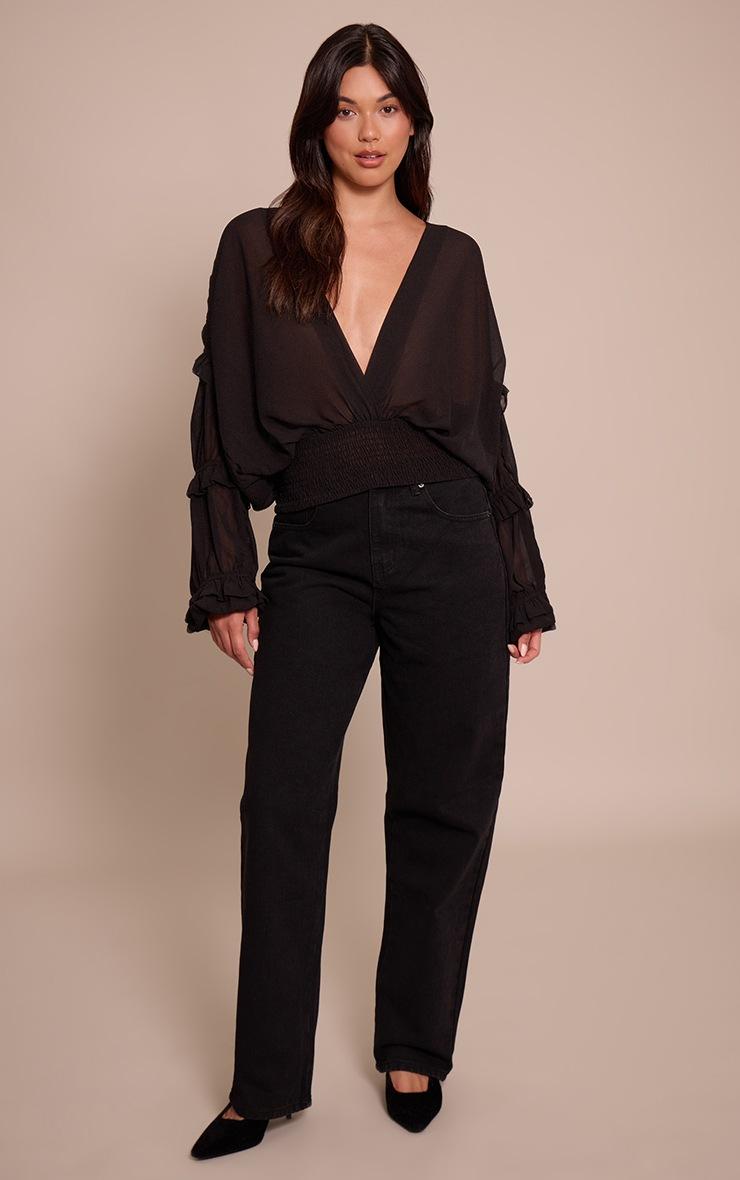 Pretty Little Thing Black Chiffon Ruffle Detail Plunge Blouse